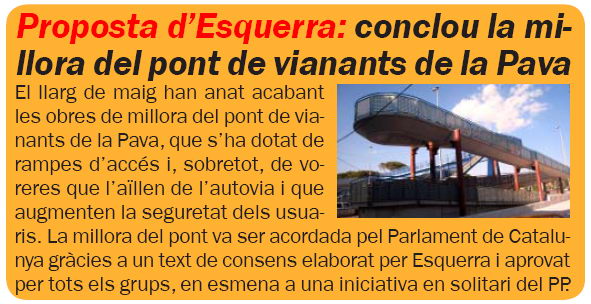 Notícia publicada al número 70 de la publicació L'ERAMPRUNYÀ sobre la finalitzaci de les obres de reforma del pont de la pava de Gavà Mar